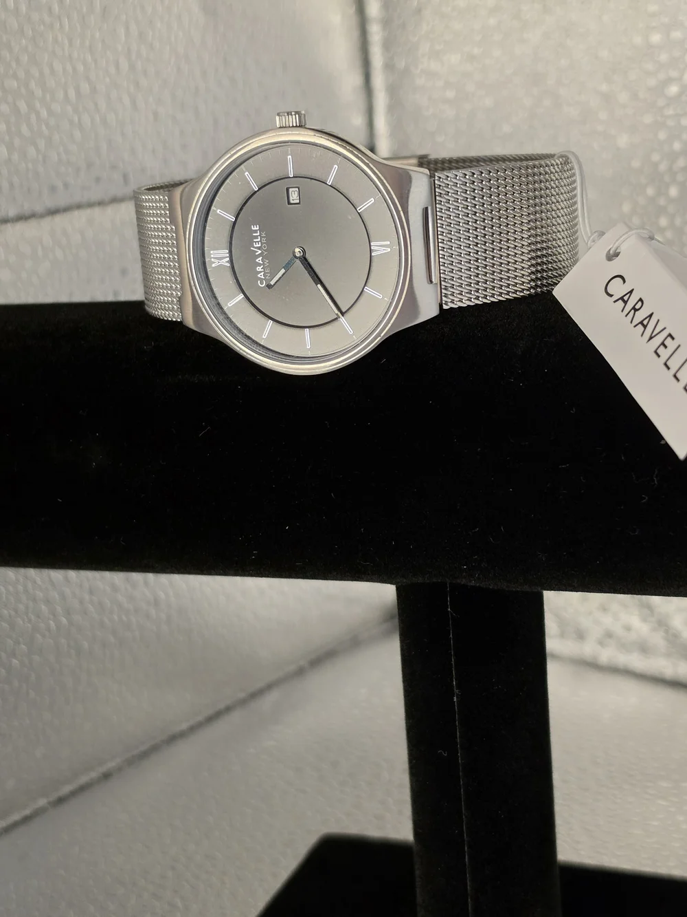 Caravelle New York Men's Silver Mesh Watch with Black Dial